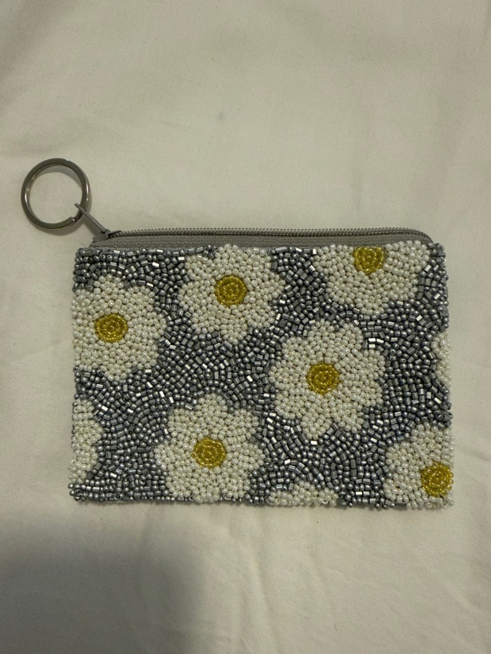 Tiana NY “Daisies” Coin Purse in Silver, Ivory, and Yellow.